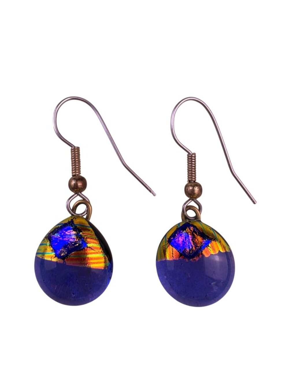 Womens Cobalt Blue Glass Earrings With Gold Tone Accents Abstract Design